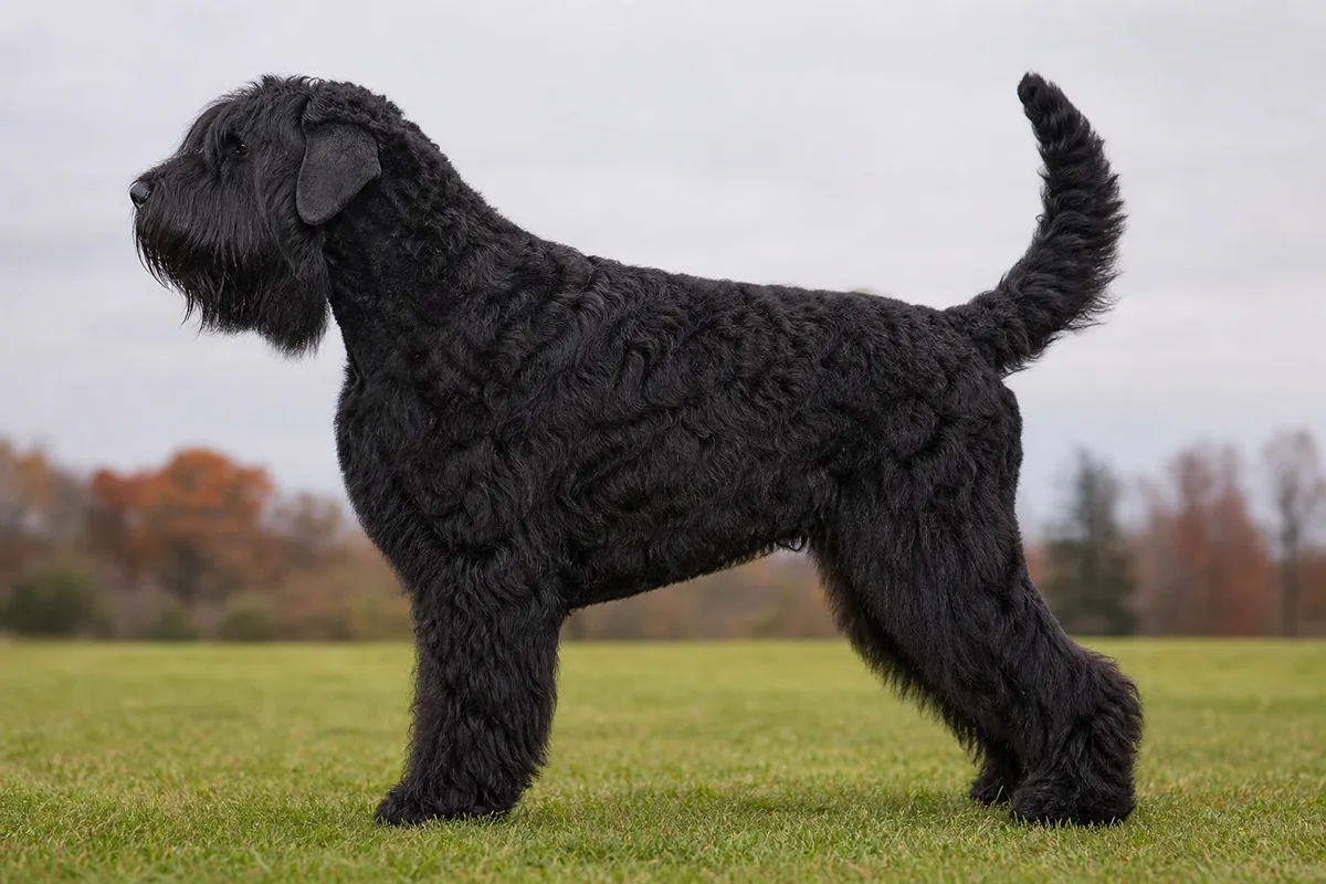Schwarzer Russischer Terrier im Profil stehend, kräftiger Körperbau